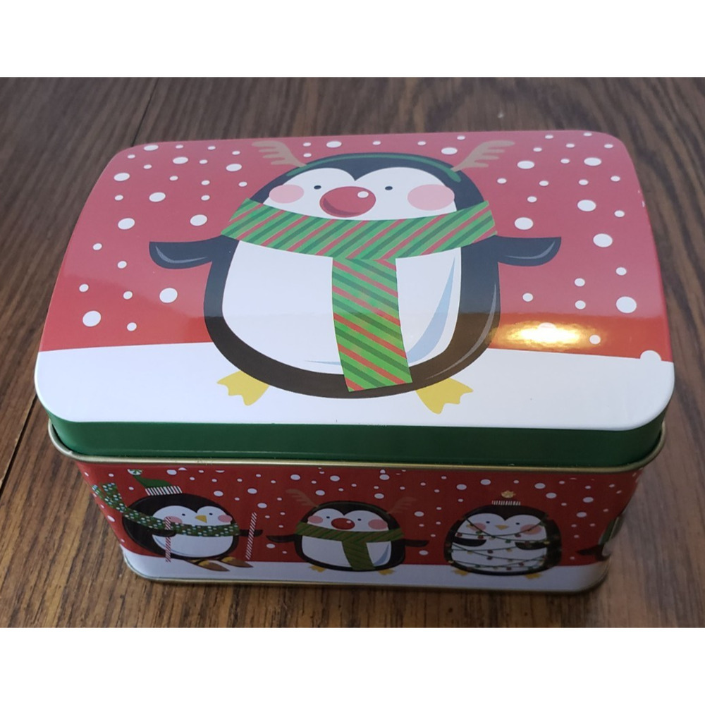 Christmas Penguin In Green Scarf Winter Holiday Small Tin Container